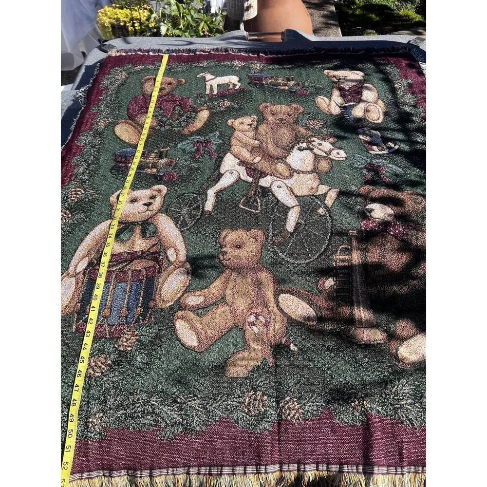 Vintage 1990s Woven Teddy Bear Throw Blanket Jacquard Fringe 52x57 Cottage Core